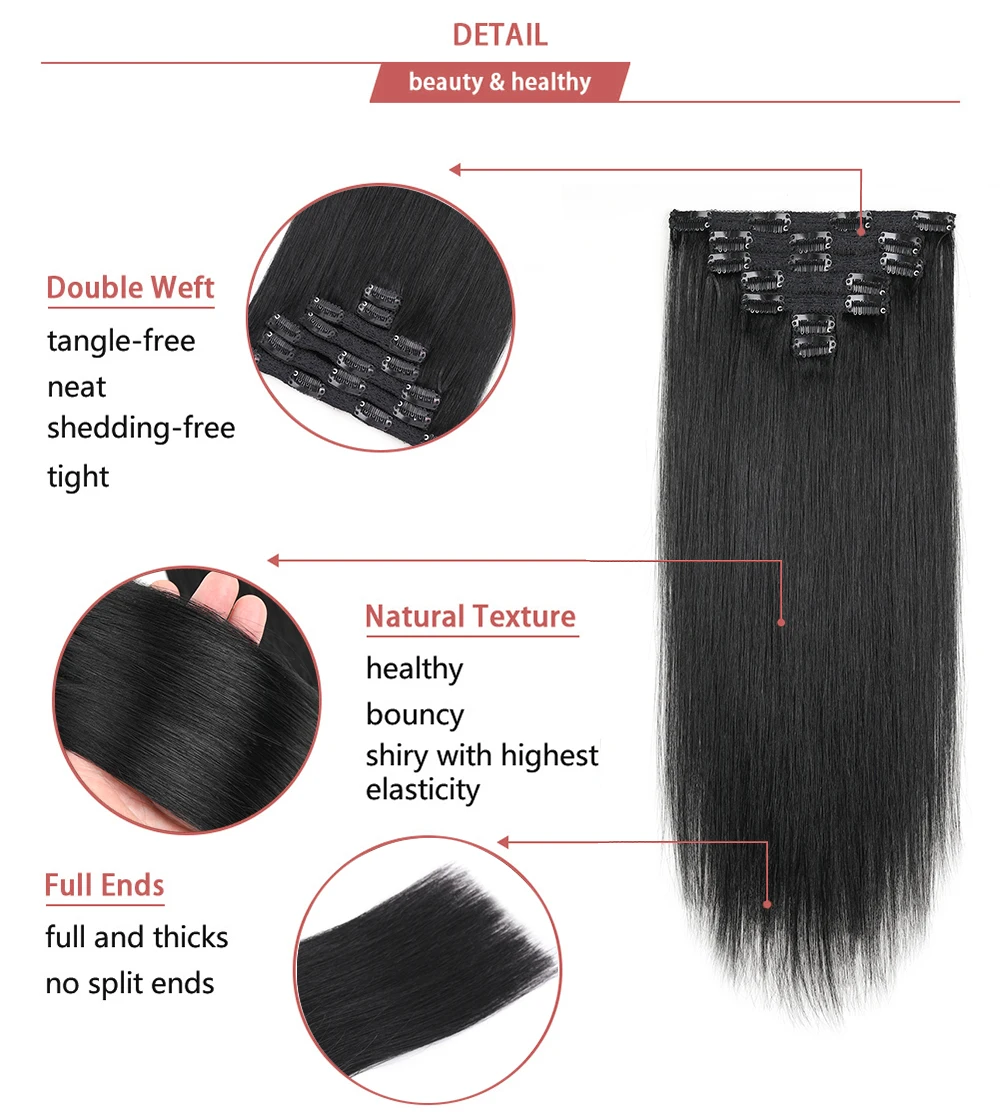 Clip In Hair Extension 100% Remy Hair Dark Black 7pcs Silky Straight Double Weft Clip-On HairPiece Clip in Human Hair Extensions