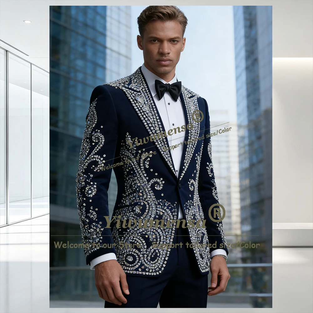 Men Brilliant Jewelry Beaded Suits 2 Pieces Sets Wedding Groom Tuxedos Male Prom Blazer Customized Man Party Attire Ropa Hombre