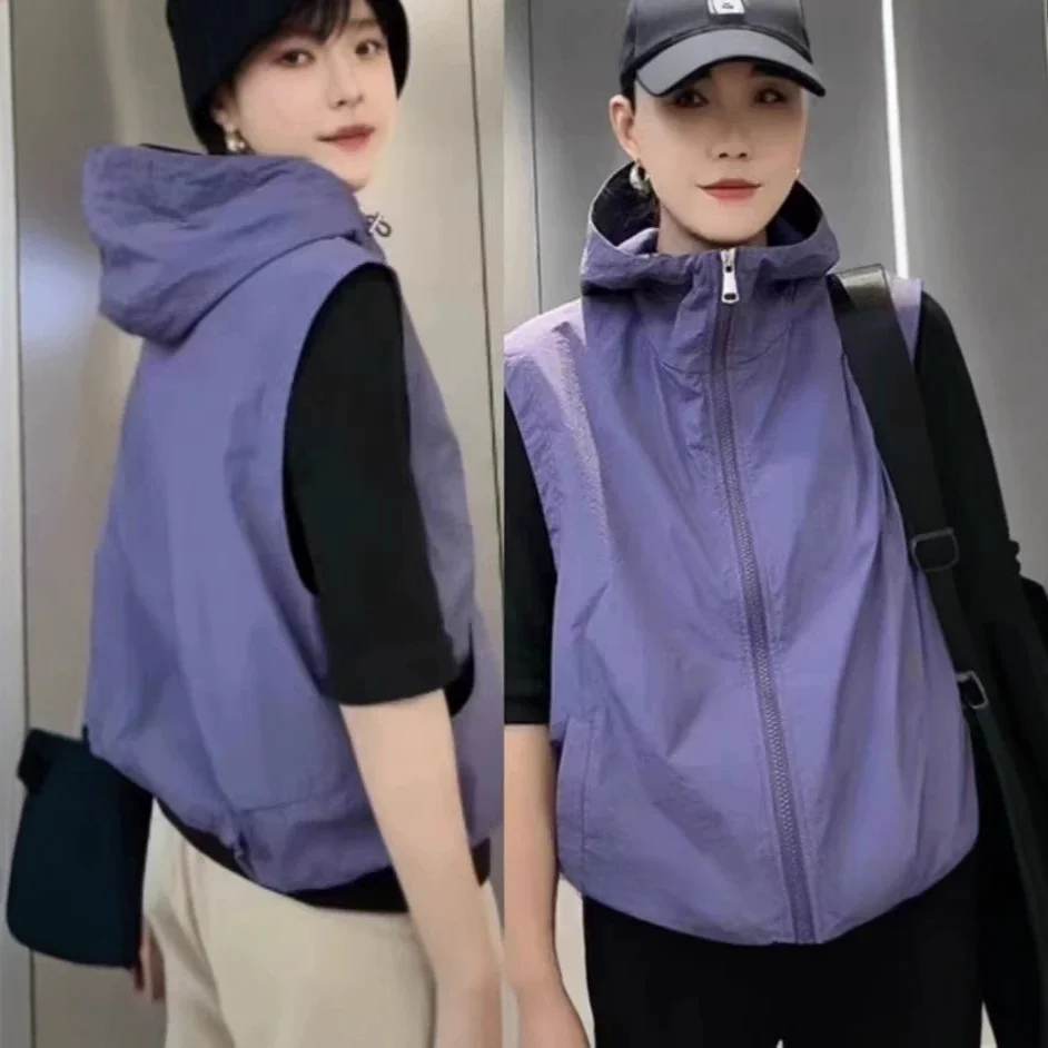 Spring Autumn Thin Single Layer Women's Loose Outerwear Hooded Breathable Vest Sun Protection Clothing Purple Polyester Fiber