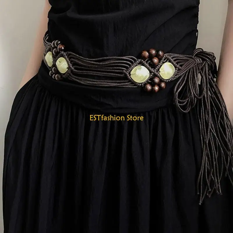 y5gc-調節可能な織ワックスロープベルトボヘミアンタッセルビーズ-selftied-ベルト女性のための