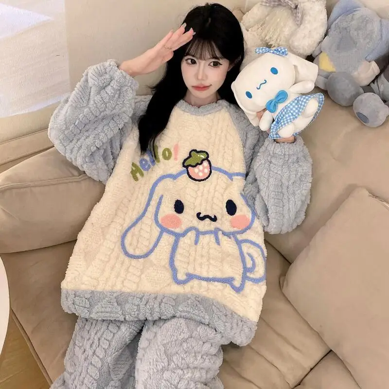 

Anime Cinnamoroll Women Warm Plush Pajamas Set Kawaii Pochacco Cute Autumn Winter Thicken Home Clothes Girl Cartoon Tops Pants