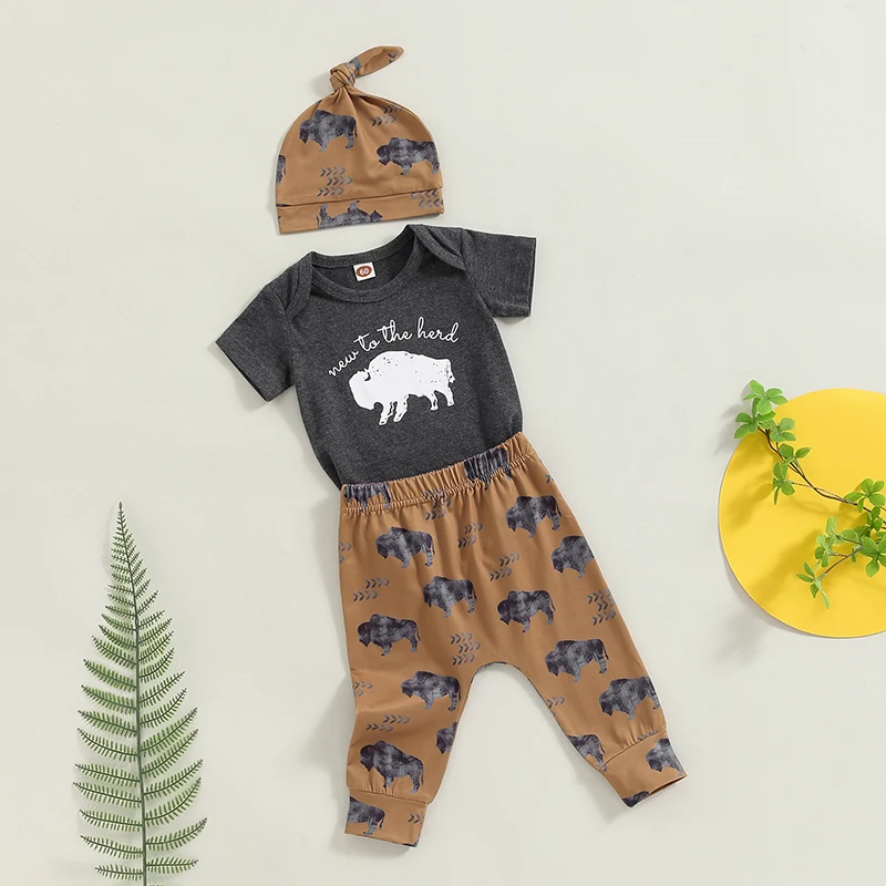 

Baby Boys Summer Outfits Letter Cow Print Crew Neck Short Sleeve Rompers Long Pants Hat 3Pcs Clothes Set