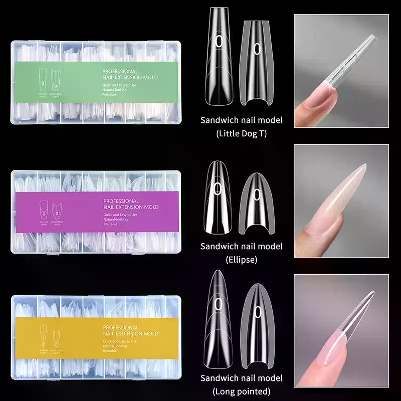 Sandwich Dual Nail Forms 240Pcs 15 Sizes Durable Nail Extension Molds Coffin Oval Almond Shapes for Manicure Salon Studio
