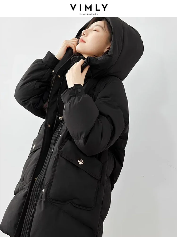 Vimly Women\'s Long Down Coat Puffer Jackets 2023 Winter Black Hooded Zipper Stand Collar Overcoats Female Warm Outwear 50698