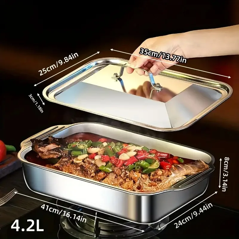 2pcs Oversized Heavy Duty Stainless Steel Bakeware with Lid-Non-Stick Thickened Rectangular Oven Tray, Suitable for Desserts,