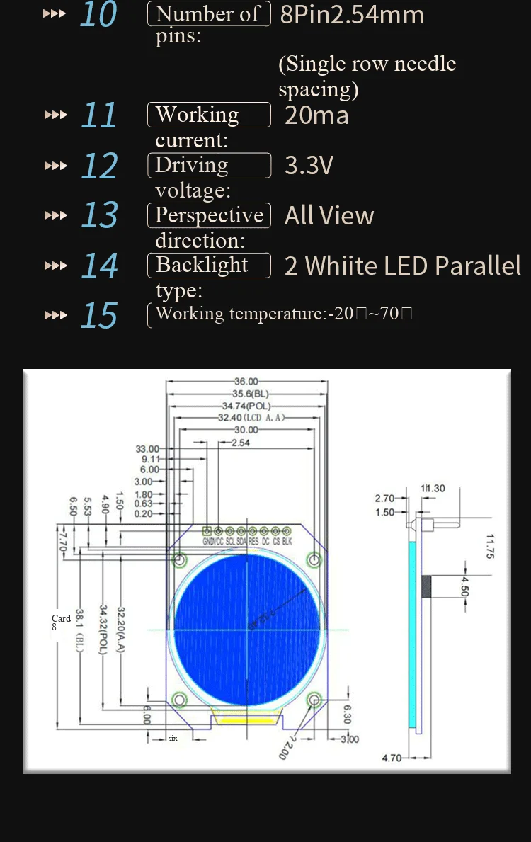 1,28/1,54-Zoll rundes TFT-Modul mit 240x240 hochauflösendem IPS-Vollbild-LCD-Display in Vollfarben-RGB – Detail 6