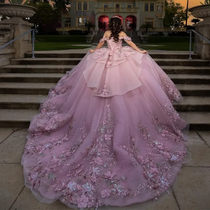 Roze Zoete 16 Quinceanera Jurken Roze Elegante Prinses Prom Verjaardagsfeestje Appliques Kant Bloem Kralen Vestidos De 15 Anos