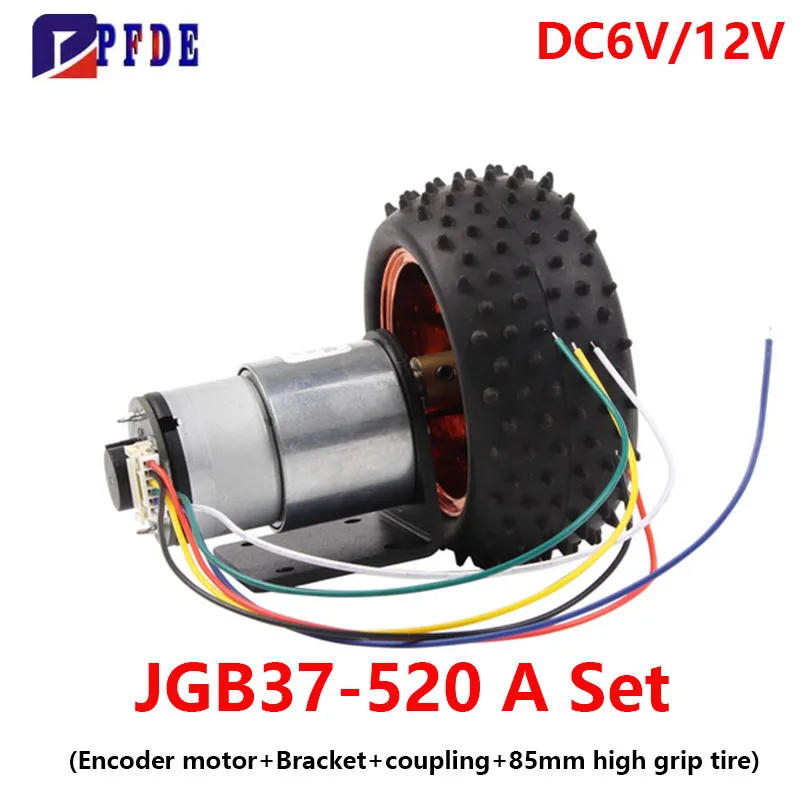 JGB37-520 Hall Encoder DC Motor+85mm Large Tire with Bracket for Speed Measurement Intelligent Small Car Set DC6V 12V 6~1590RPM