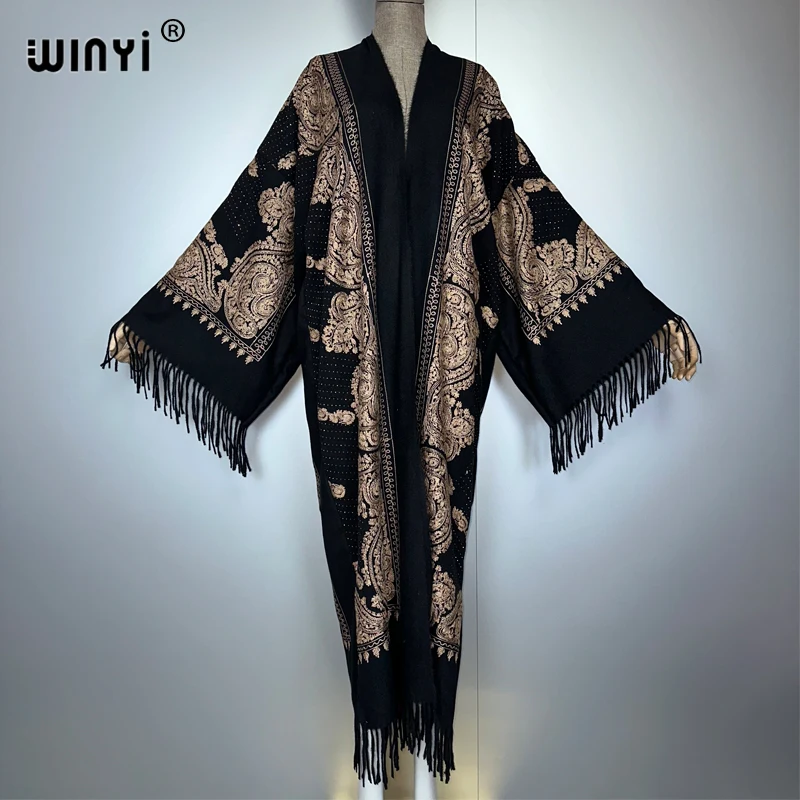 

WINYI Winter Women tassel Pashmina Embroidery Long Coat Loose Lapel robe femme Thick Warm 2022 fashion Middle East Female KIMONO