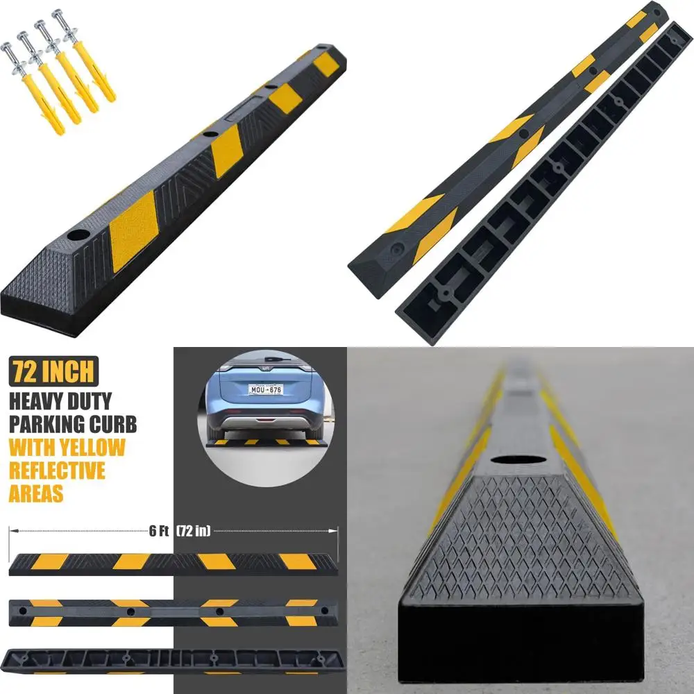 

72 Inch Heavy Rubber Parking Curb with Installation Kit, Garage Floor Stopper, Wheel Stopper for Vehicles and Driveway Protectio