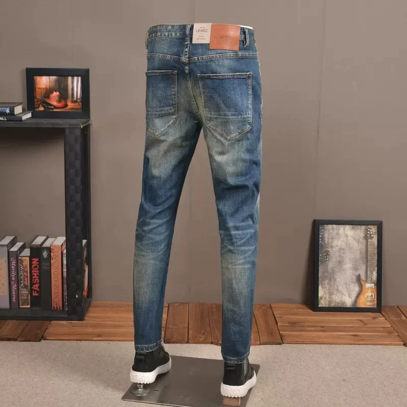 Autumn Vintage Blue Jeans Men Streetwear Casual Slim Fit Straight Pants Retro Scratched Denim Trousers