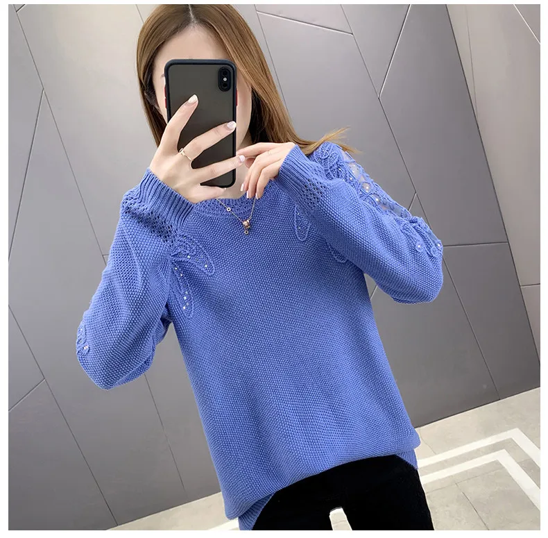 Hollow Out Knit Woman Sweater Spring Autumn New Lace Long Sleeve Pullovers Bottoming Womens Clothing O-neck Pull Femme Tops