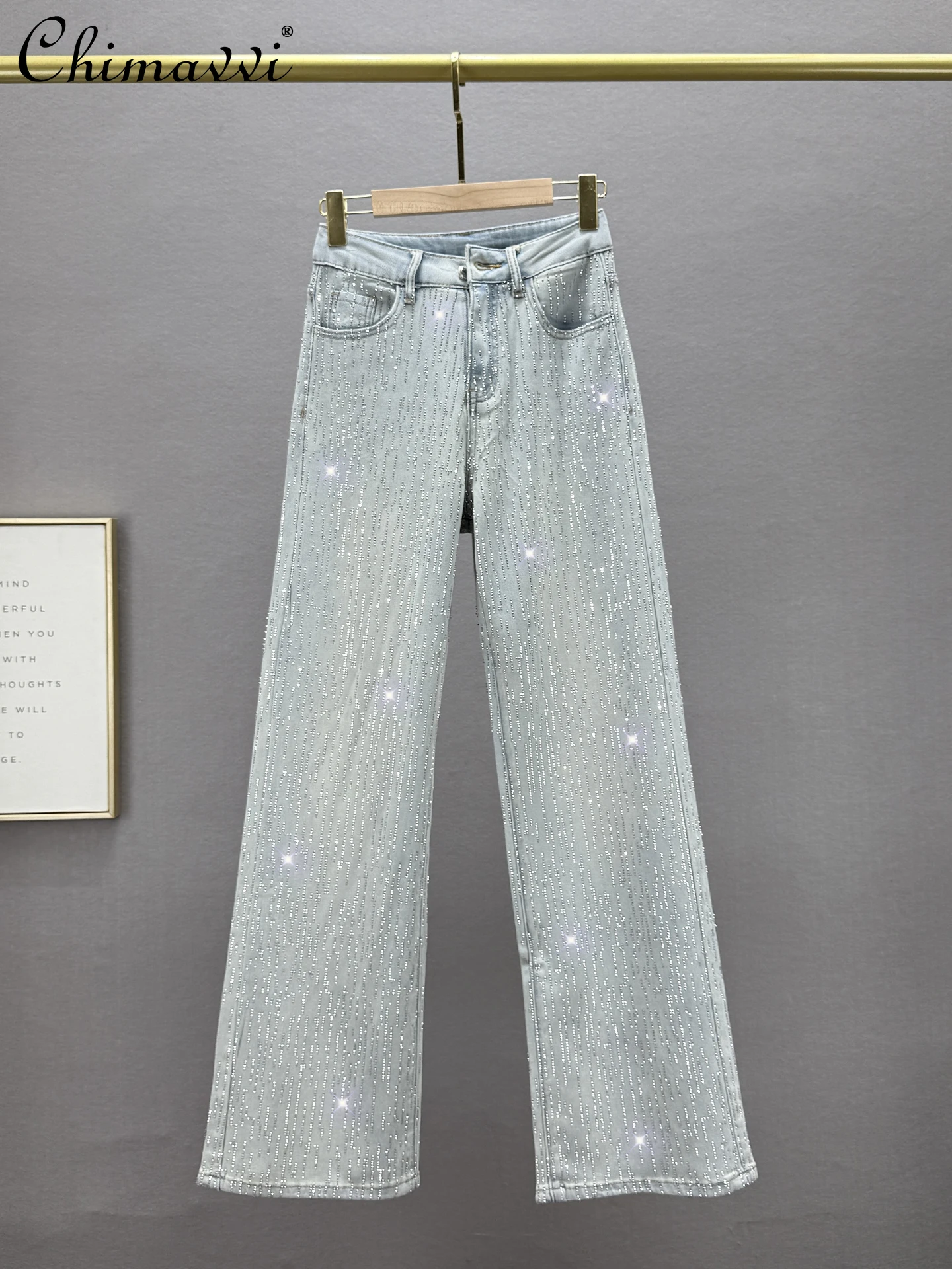 

Fashion Straight Jeans Women's Spring and Summer New Heavy High Waist Loose Slim-fit European Hot Diamond Denim Trousers