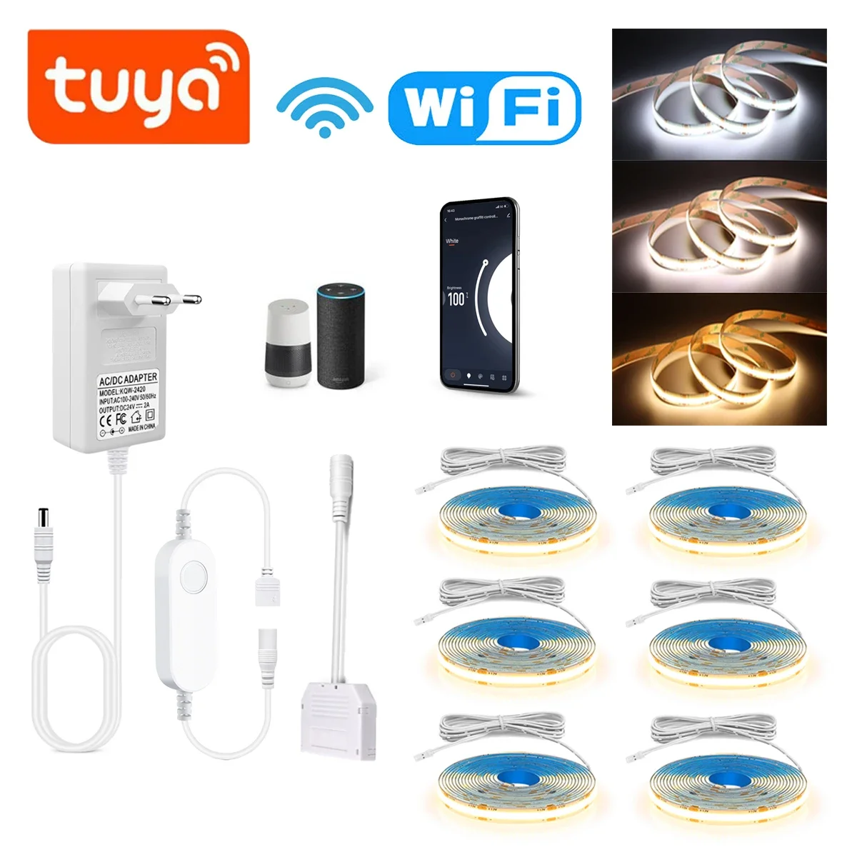 Tuya Dimmable DC12V COB LED Strip Light for under Cabinet Kitchen Shelf Pantry Showcase Bedroom Closet WiFi Switch APP Control