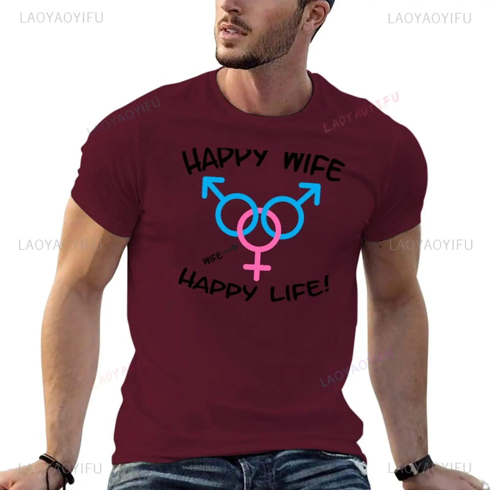 Funny Happy Wife Happy Life Swinger MFM Threesome Swinger Lifestyle Design Printed T-shirt Tees Sweat Men Cotton Clothing