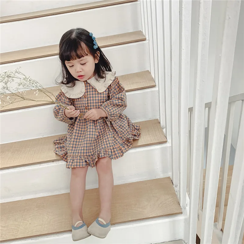 Spring Autumn Girls Clothing Cute Children Dresses Kids Baby Girl Plaid Cotton Linen Lapel Collar Dress Long Sleeve Skirt