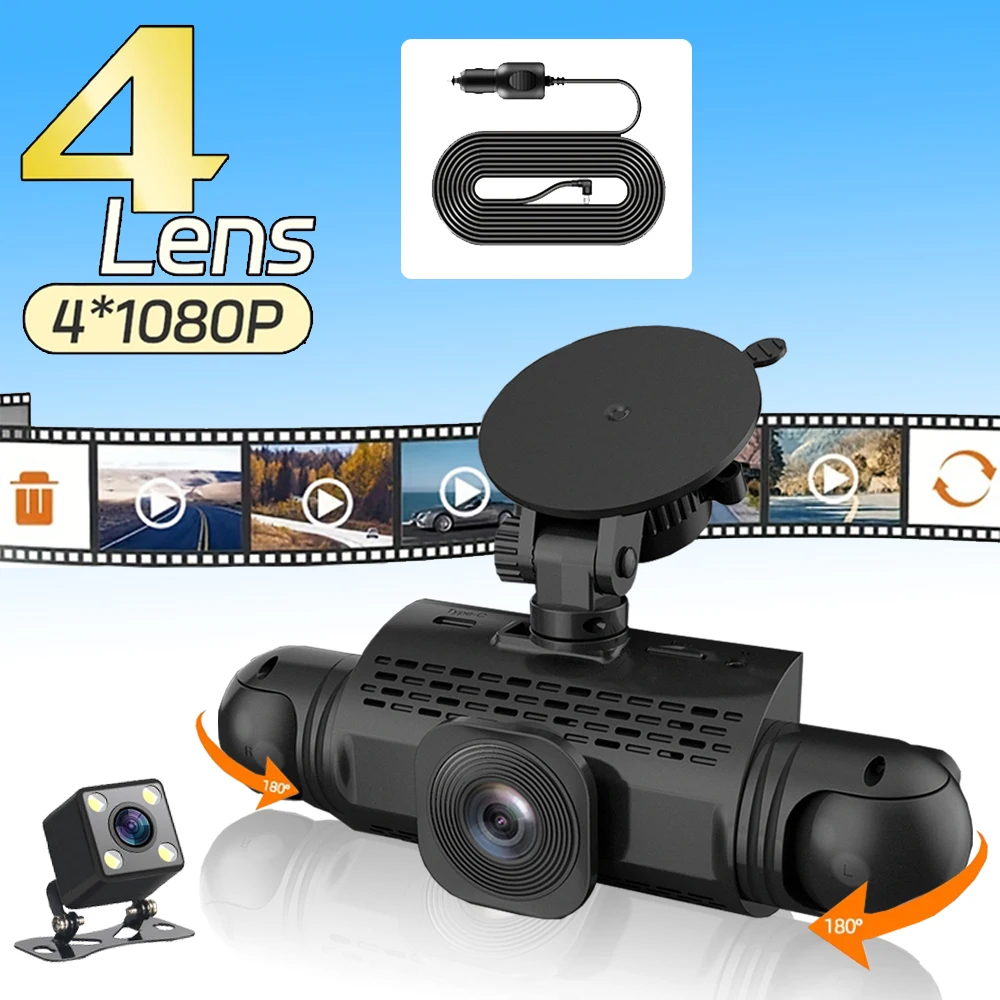 Car Dash Cam 4 Channel Black Box Driving Camera FHD 1080P Front Left Right Rear Night Vision Loop Recording 24H Parking Monitor