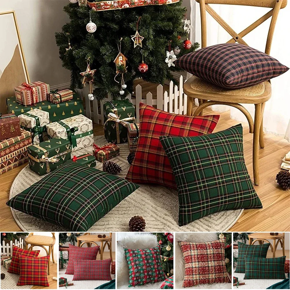 

1pc Red and Green Checkered Christmas Decoration Pillow Cover Sofa Living Room Decoration Funda De Almohada Decorativa Navideña