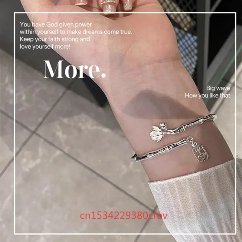 Fashion New Silvering Personality Bamboo Lotus Flower Bracelet Jewelry High Profile Personalized Simple Lucky Gift for Girl