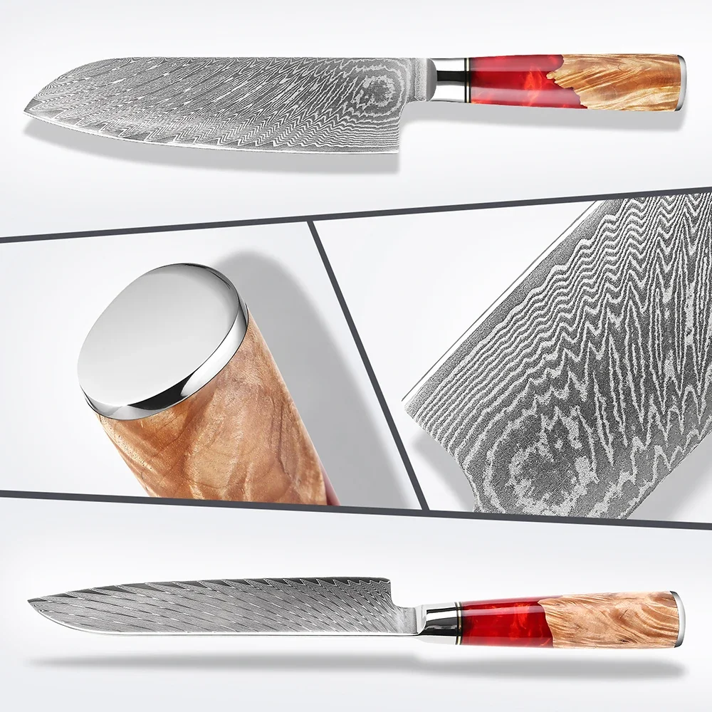 XITUO Japanese Kitchen Santoku Knife 7 Inch Damascus Steel Sharp, Professional Slicing Knife Vegetable Meat, Red Resin Handle