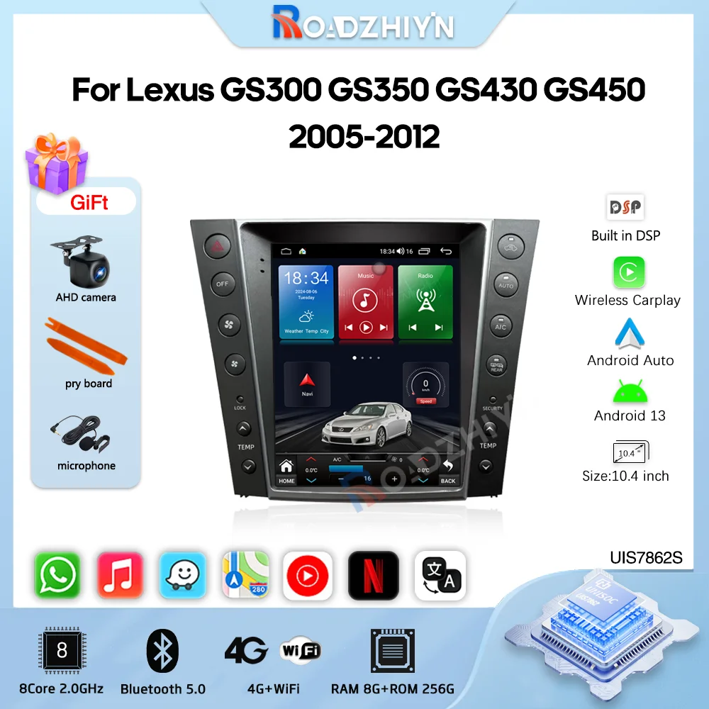 

10.4 " Car Radio Multimedia Video Player For Lexus GS300 350 430 450 2005-2012 GPS Navigation Android13 Auto Carplay 4G WiFi 360