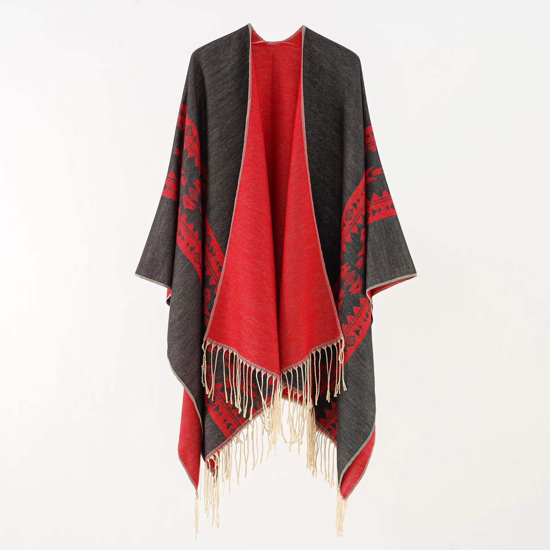 

6 Colors Autumn Warm Faux Cashmere Geometry Loose Split Poncho Cape Women Long Out Cloak Printed Plaid Shawl Blanket