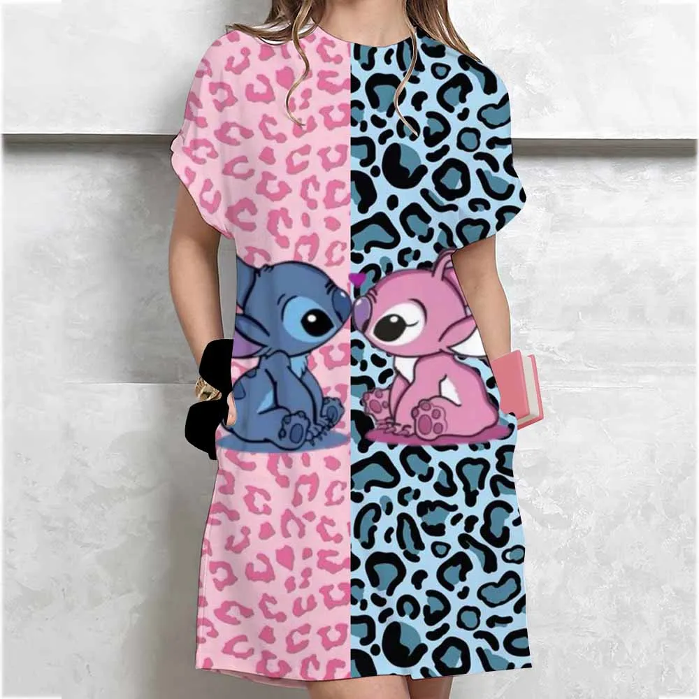 Women's summer casual loose Disney Stitch cartoon print round neck short sleeved T-shirt dress