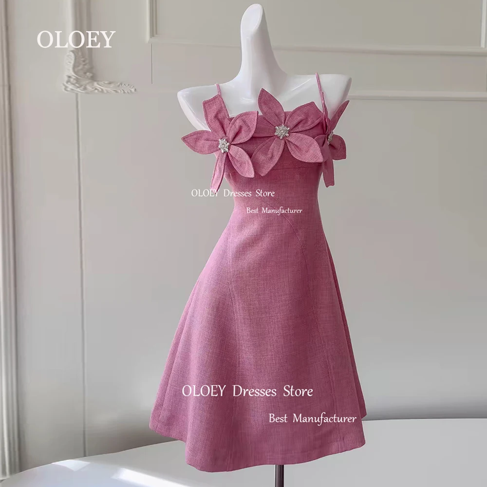 

OLOEY Modern Pink Short Prom Cocktail Dresses Crystal 3D Flowers Women Wedding Party Dresses Formal Gown Spaghetti Straps Custom