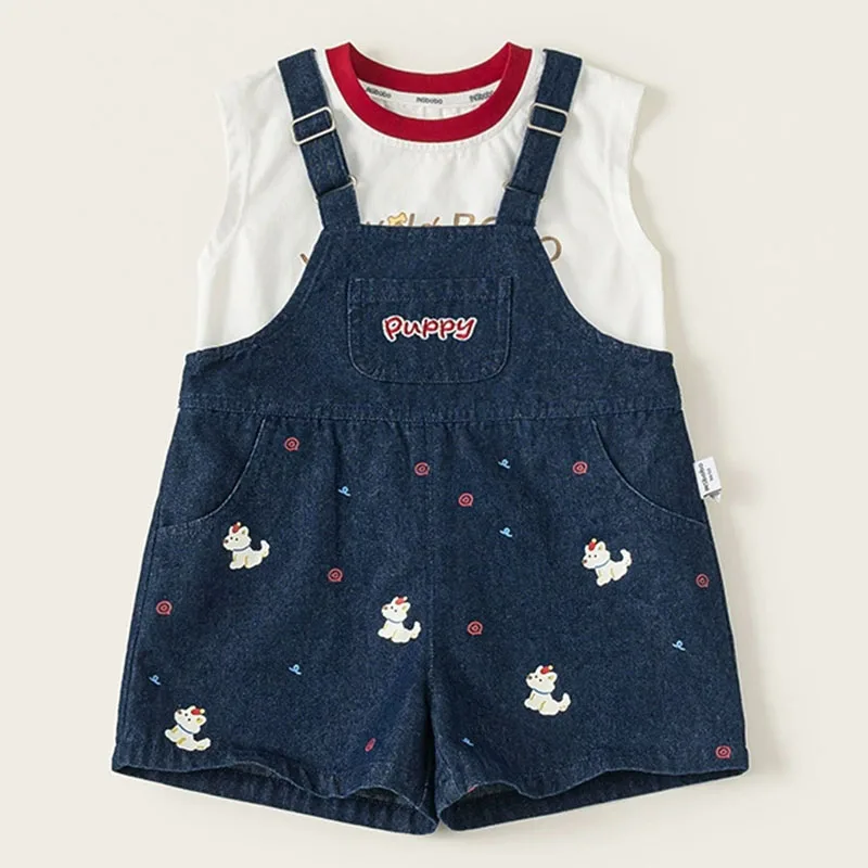 2026 New Summer Toddler Girl Clothes Korean Casual Cartoon Cute Denim Sleeveless Baby Tops+Overalls Kids' Sets And Outfits B439