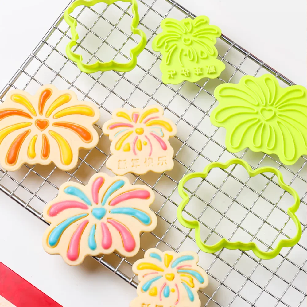Chinese Theme Fireworks,Happy New Year Shape Cookie Stamp Cookie Mold Homemade DIY Baking Cookies 3D Printed Cookie Mold