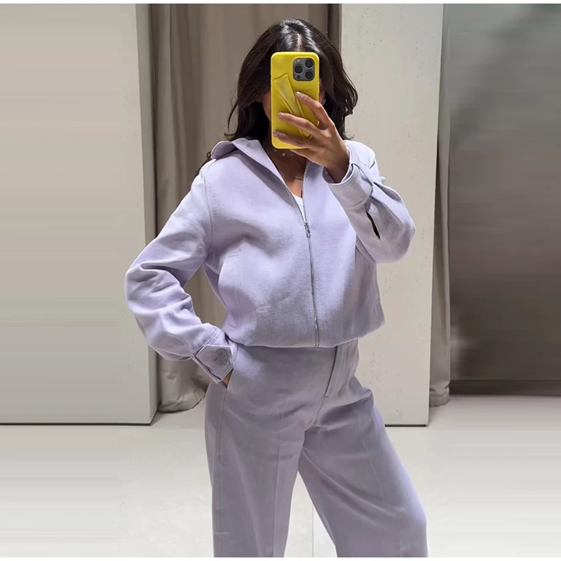 Damen-Hosenanzüge mit Rollkragen-Langarmjacken, Reißverschluss-Mänteln, Midi-Ballonhosen, Herbst-Outfits für Frauen, Einfarbig und Locker Geschnitten, Neu – Detail 5