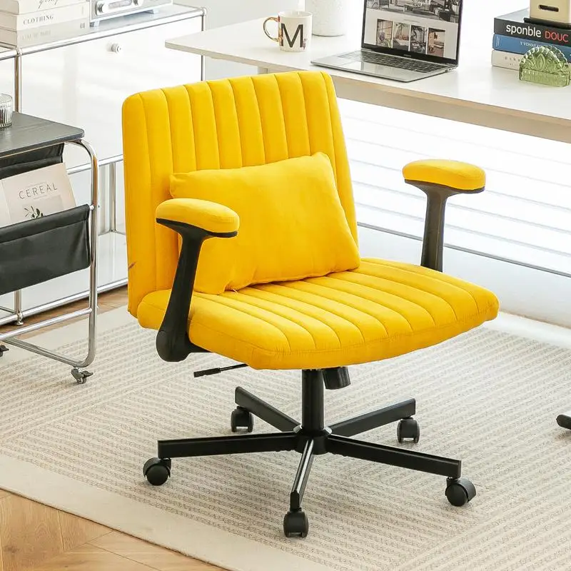 Ergonomic Yellow Linen Criss Cross Armrest Office Chair with Wheels for Home, Work & Study