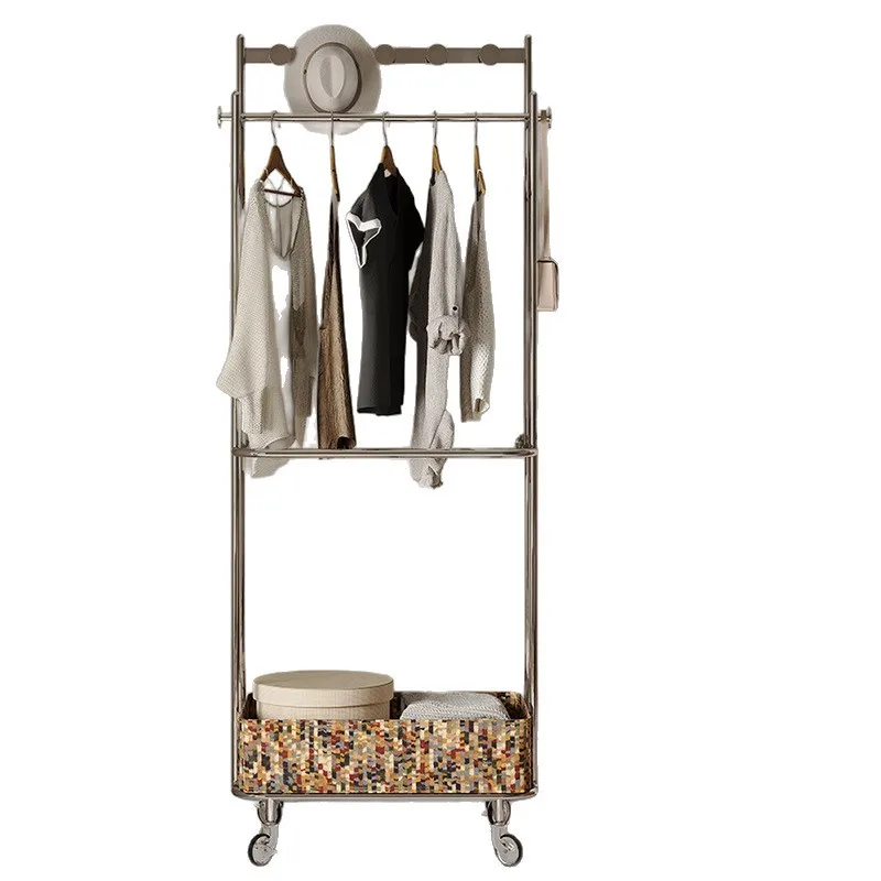 Medieval mobile hanger floor module stainless steel coat rack small apartment bedroom storage hanger