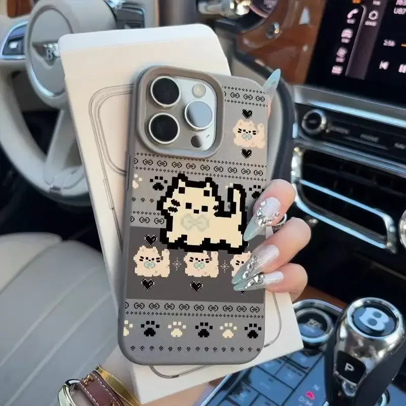 Cute Simple Pixel Kitten Lichee leather pattern Phone Case For Samsung S26 S25 S24 S23 S22 S21 S20 Ultra 4G 5G Shockproof Cover