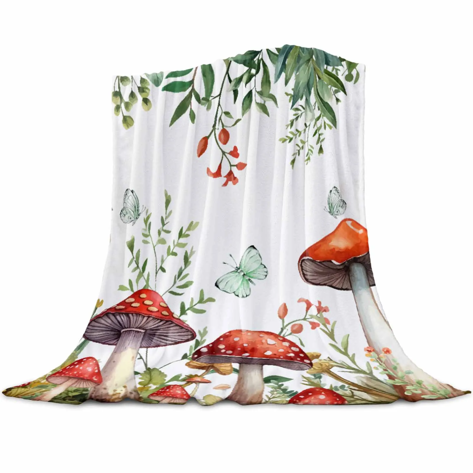 

Plant Mushroom Butterfly Watercolor Blankets Portable Soft Throw Blanket for Bed Office Bedspread Home Decor Flannel Blanket