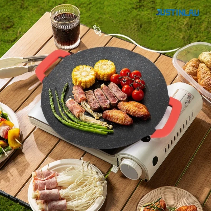 

JUSTINLAU Grill Pan Round Non-Stick Barbecue Plate BBQ Grill Outdoor Travel Camping Frying Pan Barbecue Accessory Kitchen Supply