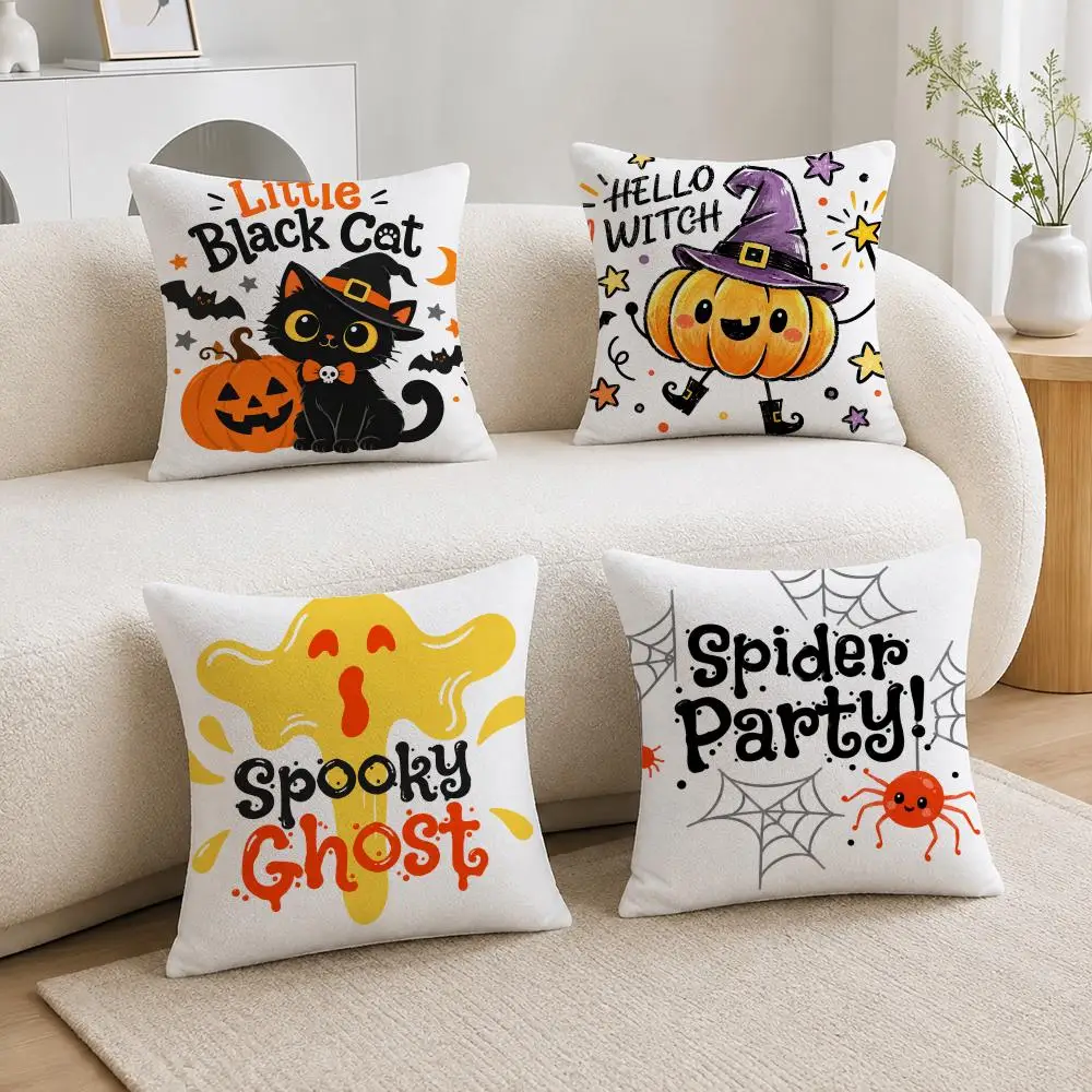 Spooky Art Halloween Spider Ghost Cushion Cover Short Plush Pillowcase, Sofa Bedroom Home Decor & Holiday Gift