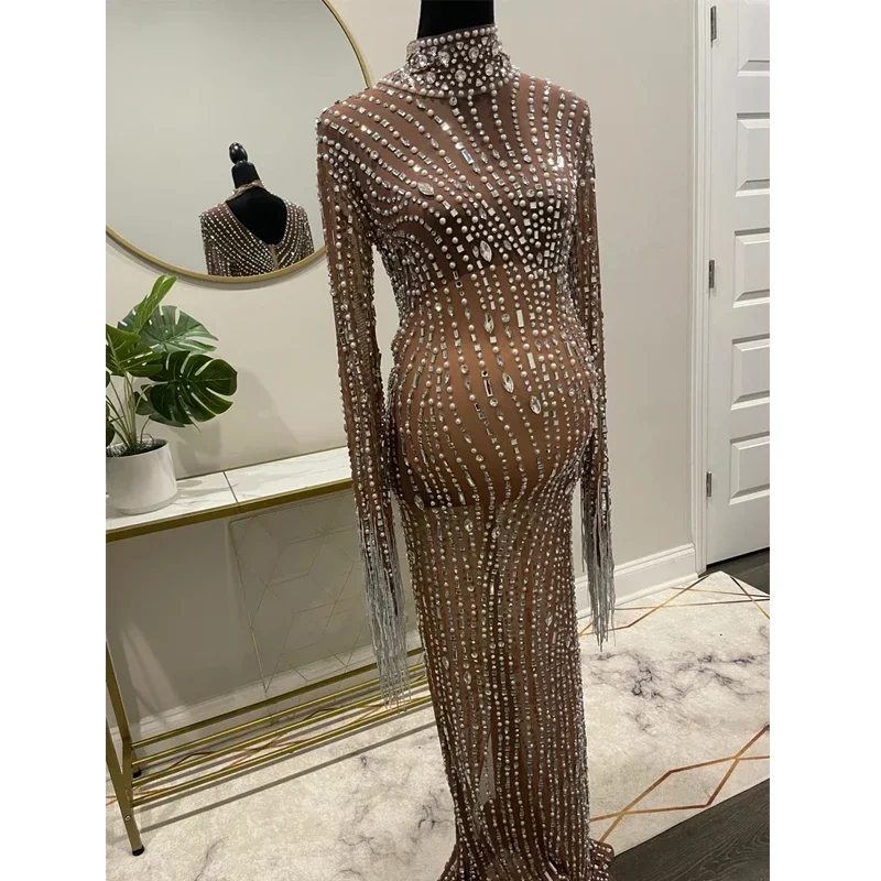 Rhinestone Embellished Maternity Dress For Pregnancy Photoshoot Pregnant Photography Outfit Sexy Stretchy Skinny Women Mesh Gown