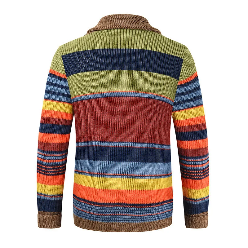 Herren Schalkragen Strickjacke Herbst Winter Farbblock Gestreifter Pullover Vintage Knopfleiste Lässige Lose Oberbekleidung Für M – Detail 3