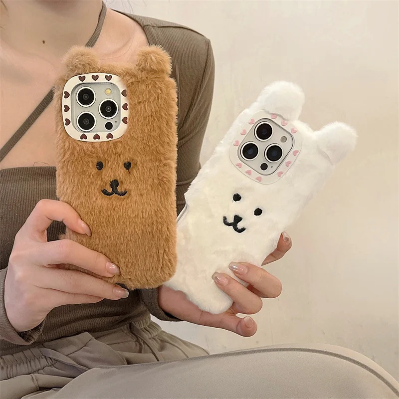 Winter Cute Fluffy Rabbit Bear Warm Wool Sheep Fluffy Fur Phone Case For iPhone 11 12 13 14 15 16 Pro Max Korean Cartoon Furry