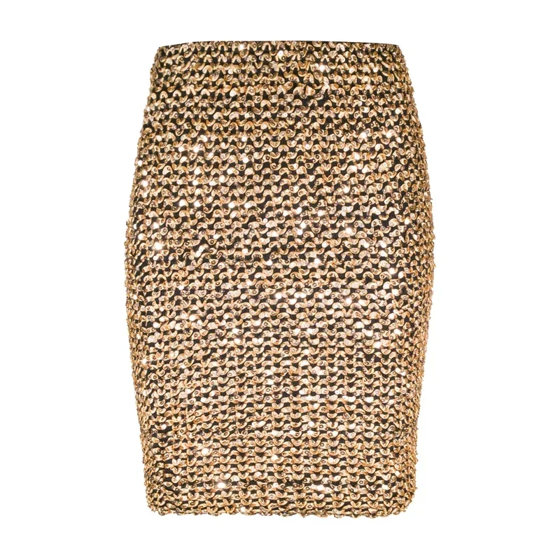 DSMTRC 2025 New Womens Skirts Gold Sequined Knee Length Skirt Stretchy Bodycon Skirt Short Wrap Skirt for Office Lady Party Girl