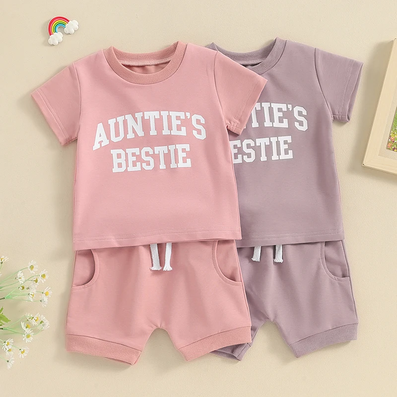 

2024-01-05 Lioraitiin Toddler Baby Girls Shorts Set Short Sleeve Letters Print T-shirt with Elastic Waist Shorts Summer Outfit