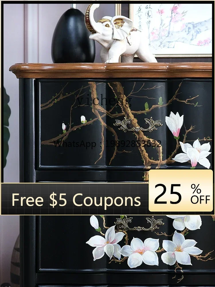 

New Chinese Style Solid Wood Living Room Vintage Distressed Side Cabinet Painted Bedroom American Style Bedside