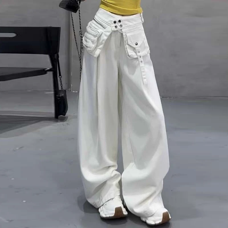 

White pocket jeans women's spring and summer 2025 new high-waisted loose casual wide-footed pants floor-mopping trousers tide