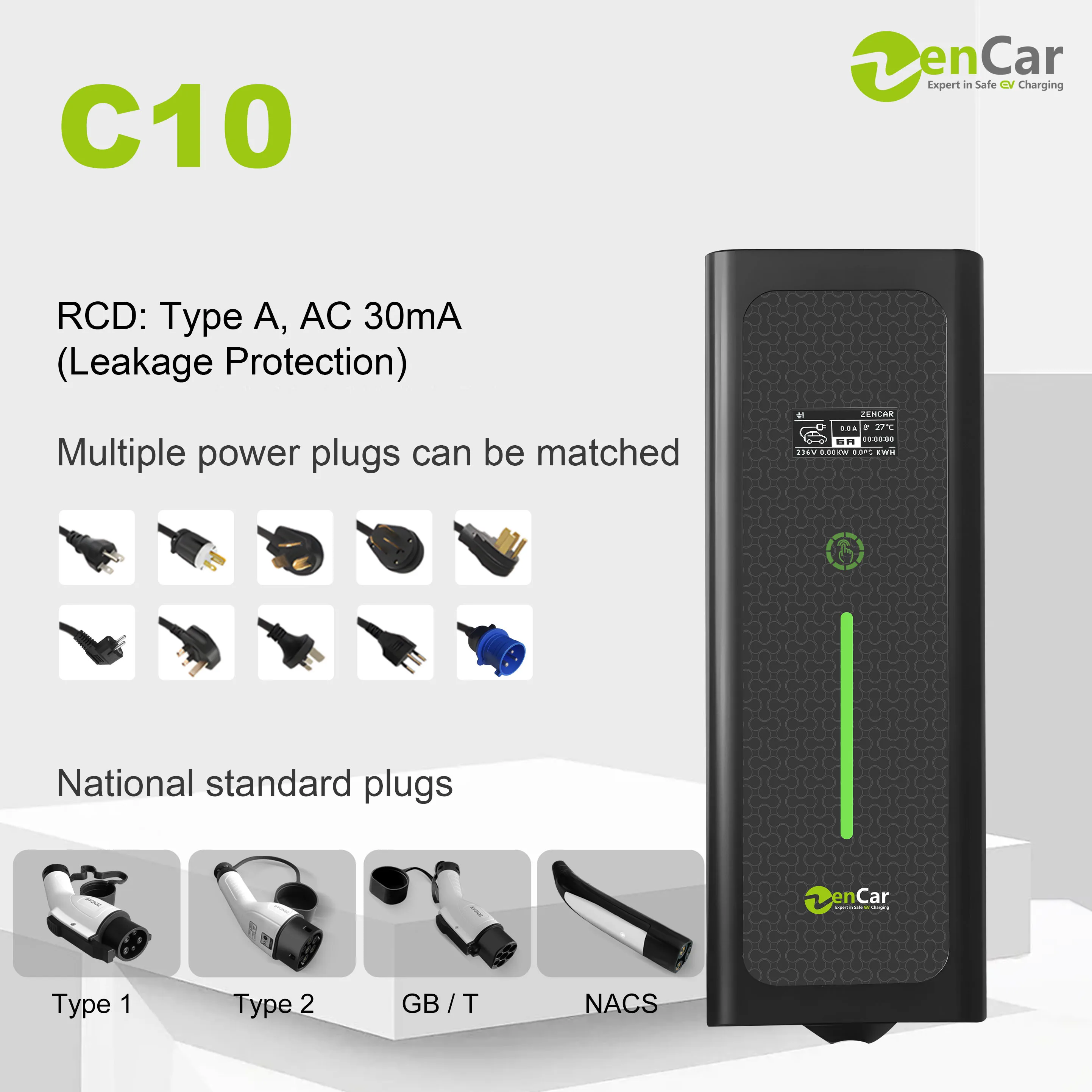 16A 3.6kW Zencar Mobile Electric Car Charger EVSE 220V AC EV Chargers With Current Adjustable For Home & Outdoor Charging