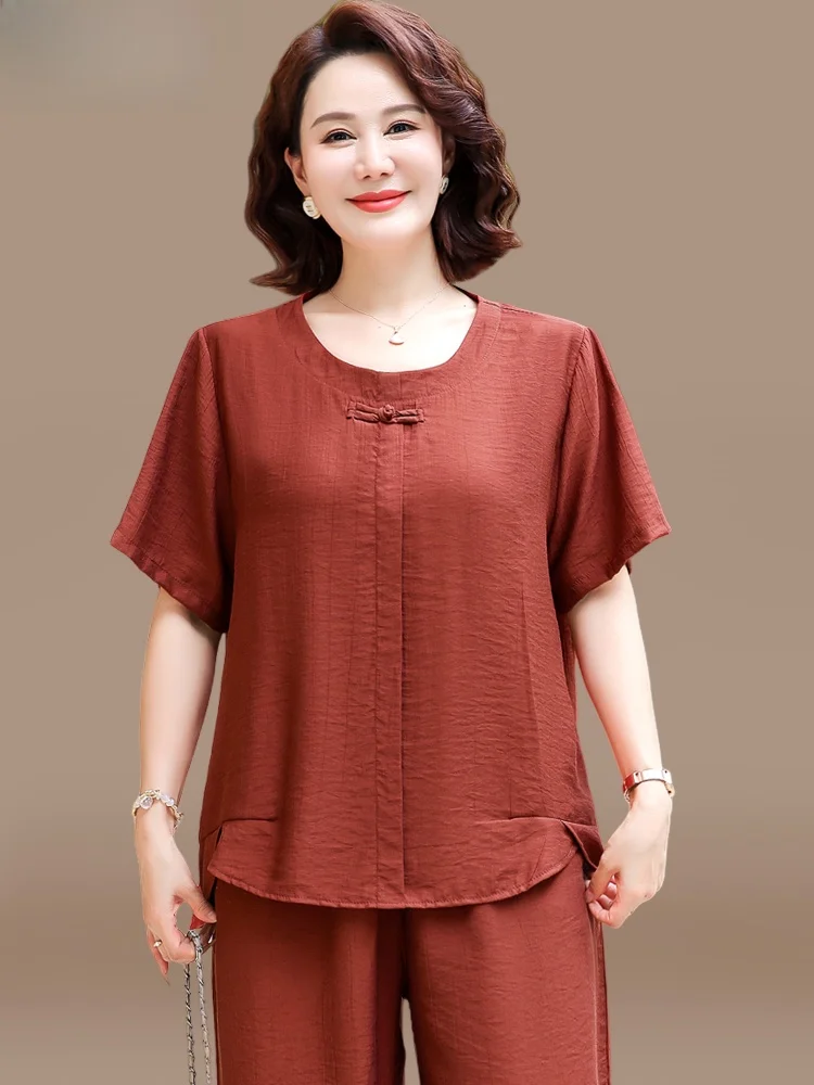 

Summer Faion Casual Cotton Silk ort Sve Top Bot Set for Middle-Aged And ly Women Loose Fit round Ne Two-Piec...