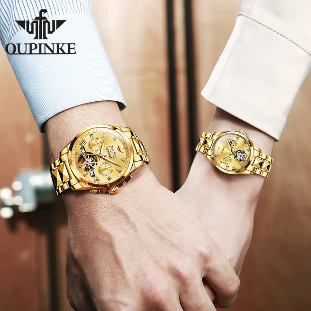 OUPINKE Tourbillon Couple Watch Luxury Original All Gold Male Female Automatic Mechanical Watch Couple Date Preferred Watch Set