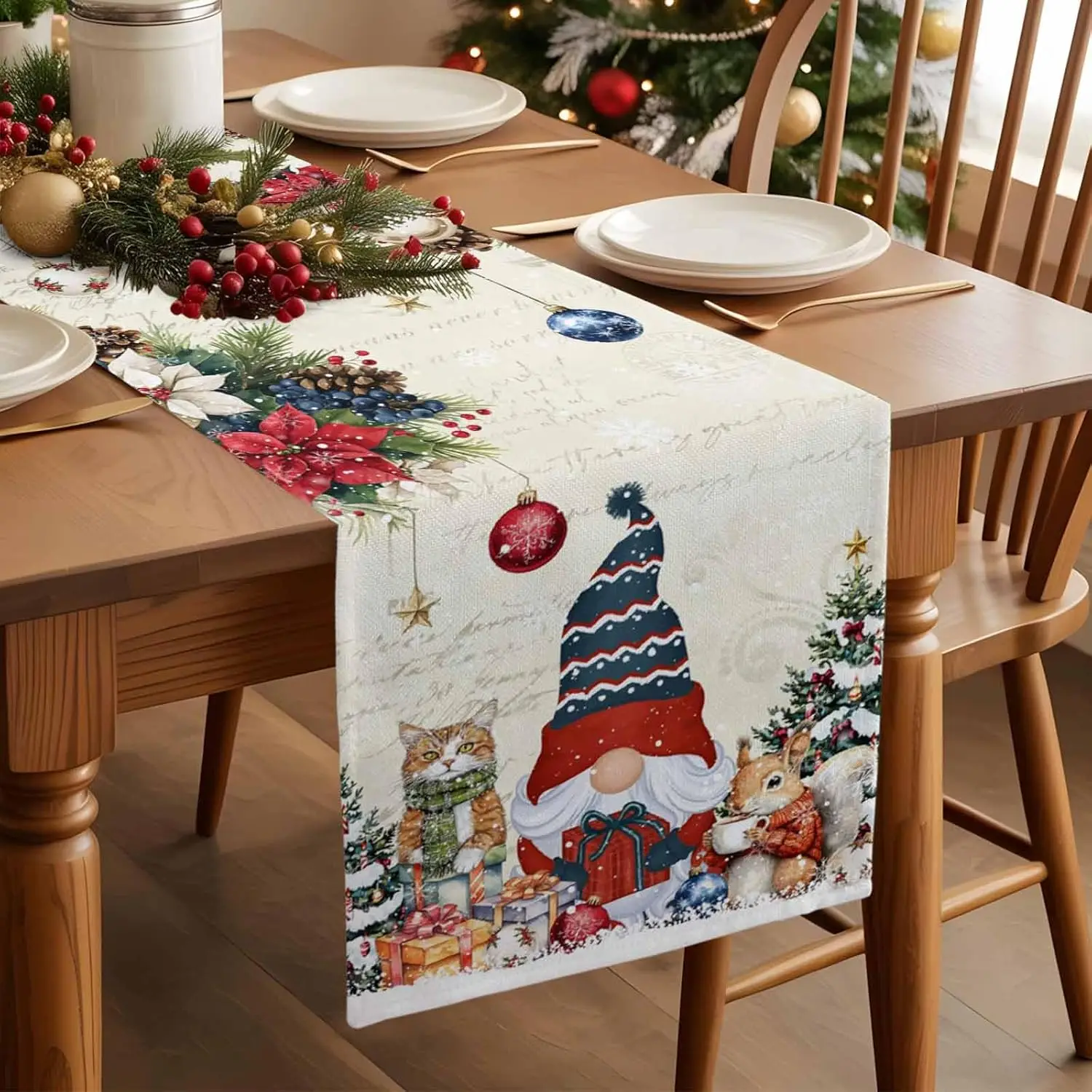 Christmas Gnome Snowflake Pine Needle Table Runner Party Decor Winter Xmas Kitchen Dining Table Runner Christmas Decorations