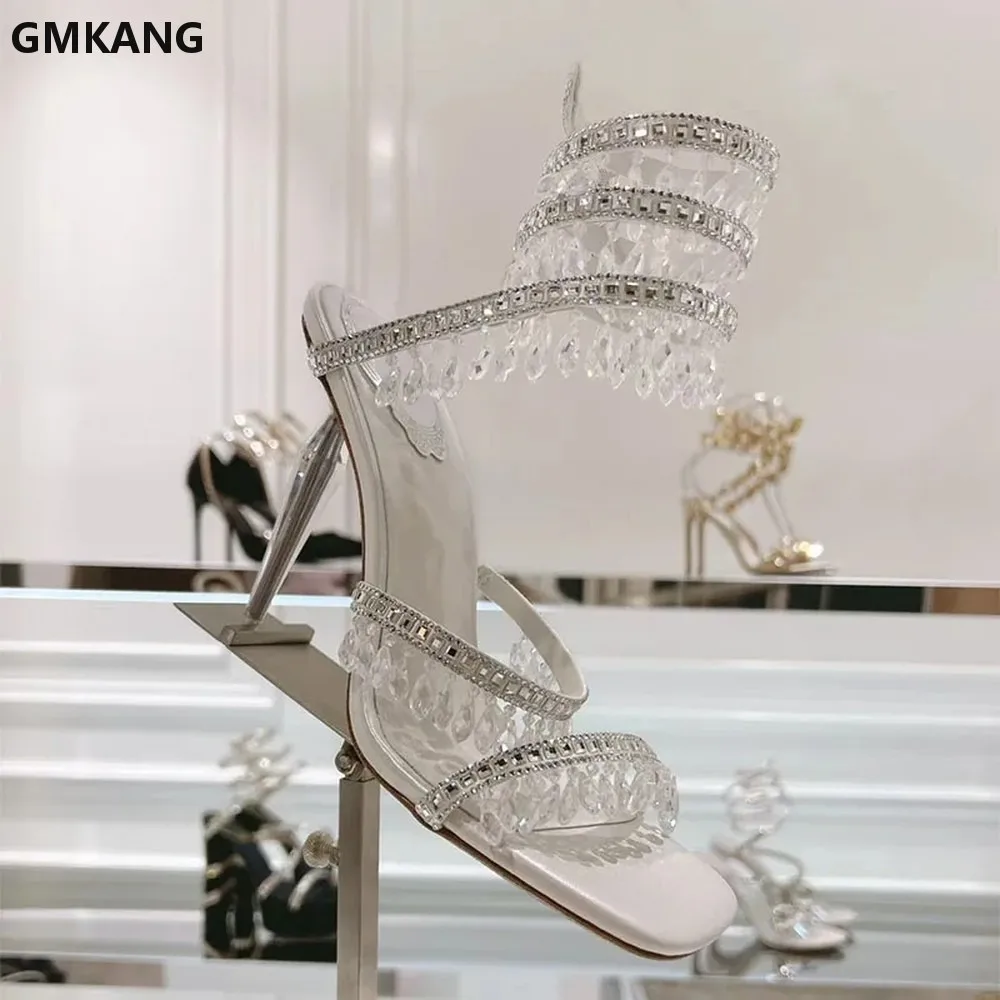 GMKANG Women's Gladiator Sandals High Heels Rhinestone Ankle Wrap Open Toe Summer Party Dress Shoes