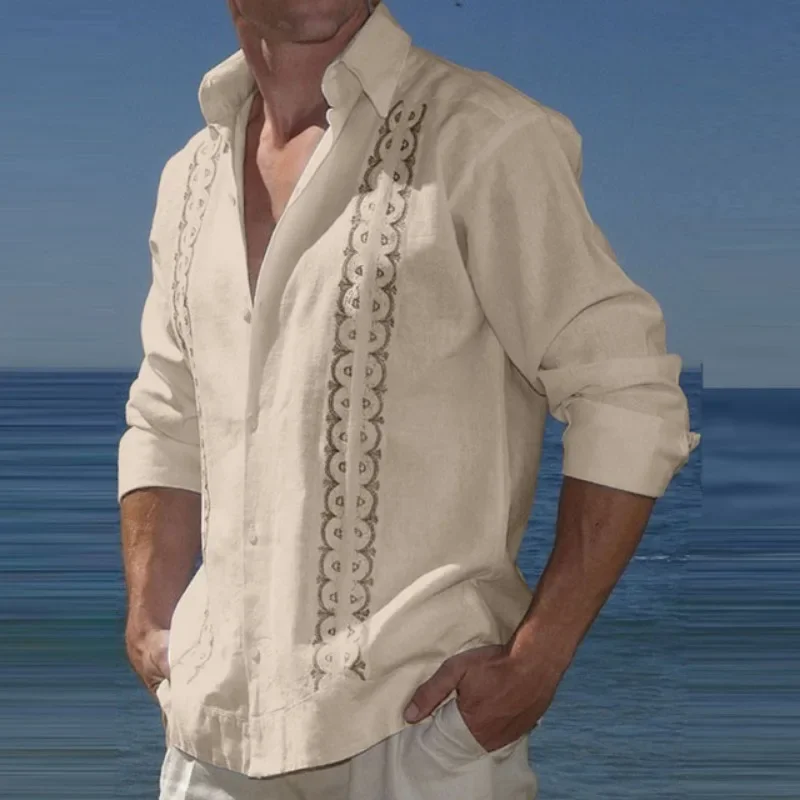 Chemisier à col rabattu pour hommes, chemise décontractée en coton et lin, haut imprimé, bouton, vêtements de plage, mode de vacances, printemps, nouveau, 2023